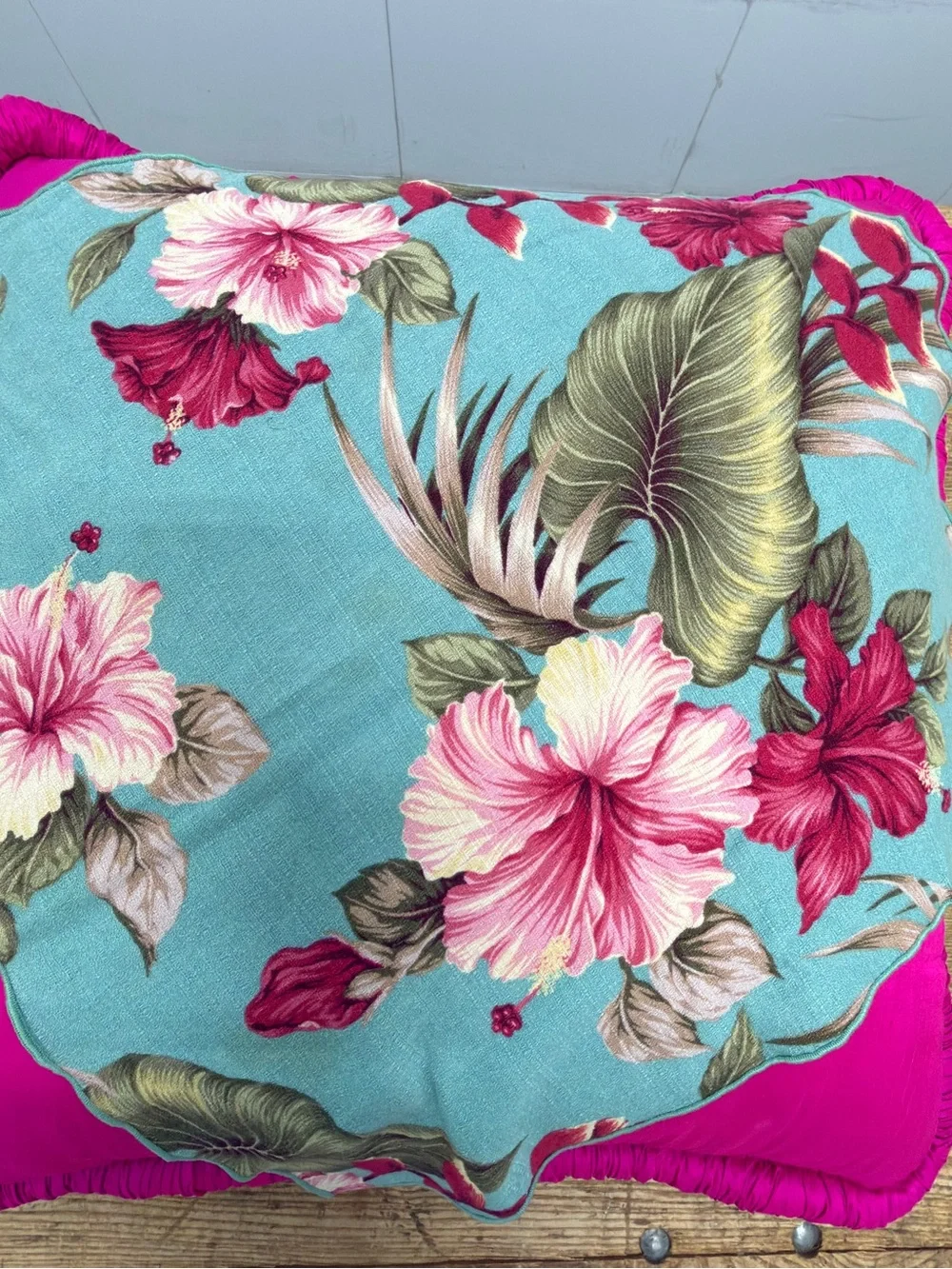 Tropical Floral Napkins - Turquoise with Pink Hibiscus